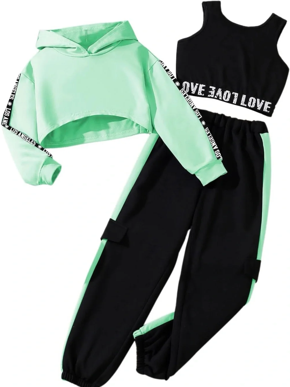Hilinker Girls Graphic 3 Piece Outfits Workout Hoodie Crop Tank and Sweatpants
